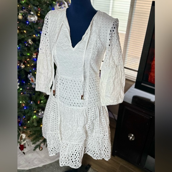 EUC Vince Camuto 3/4 Lantern Sleeve White Eyelet Lace Fit & Flare Dress - Picture 6 of 16